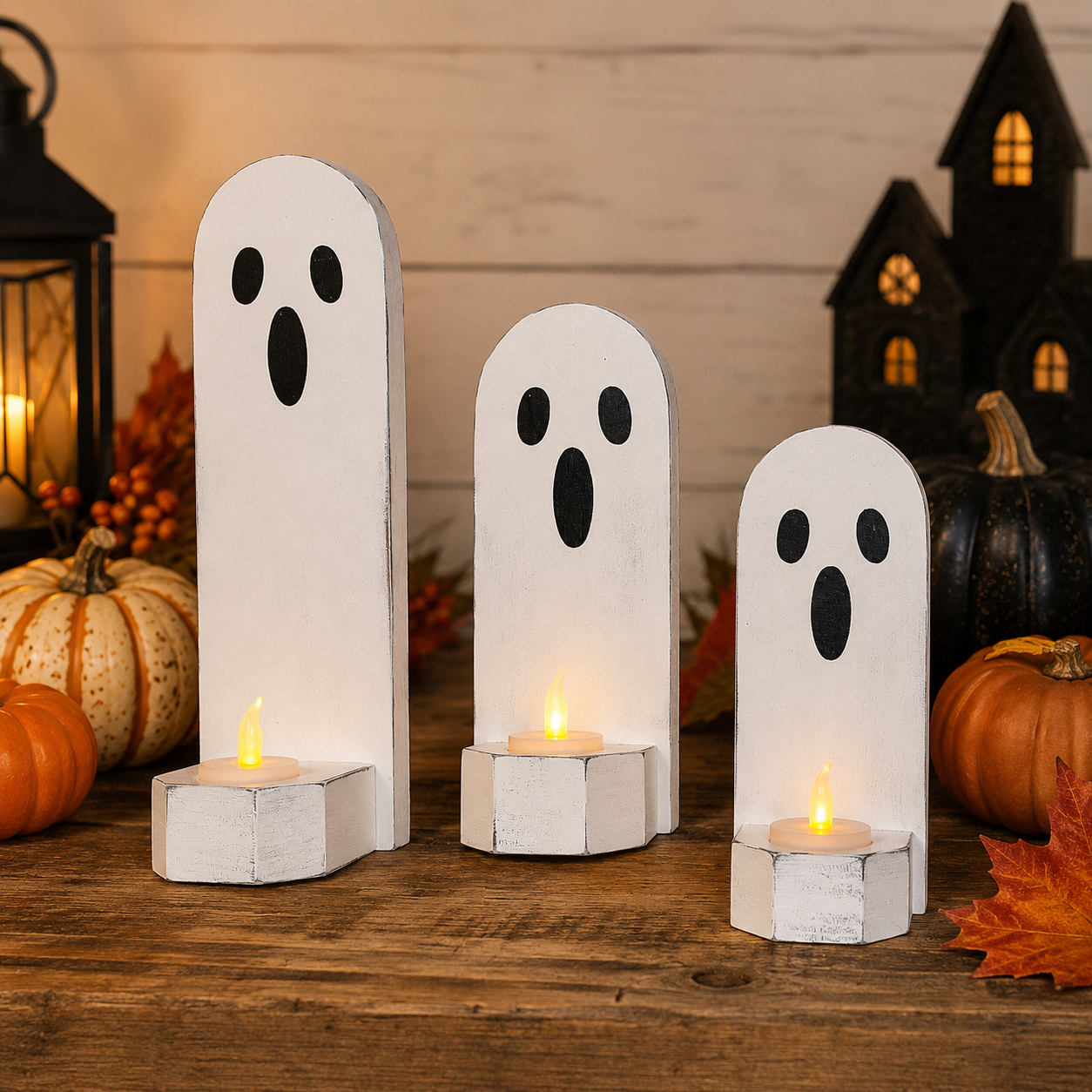 Three white ghost-shaped tabletop or hang on a wall candle holders with black facial features, each holding a small lit tealight candle, displayed on a wooden surface with pumpkins, a lantern, and a haunted-house backdrop.