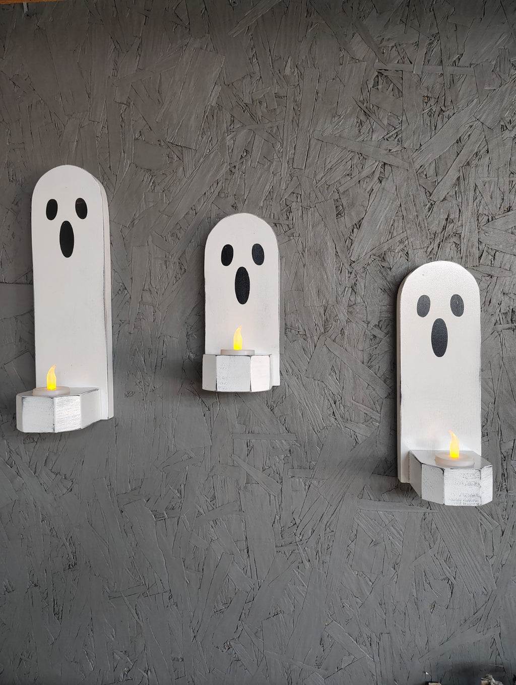 Set of 3 handmade wooden ghost candle holders for Halloween