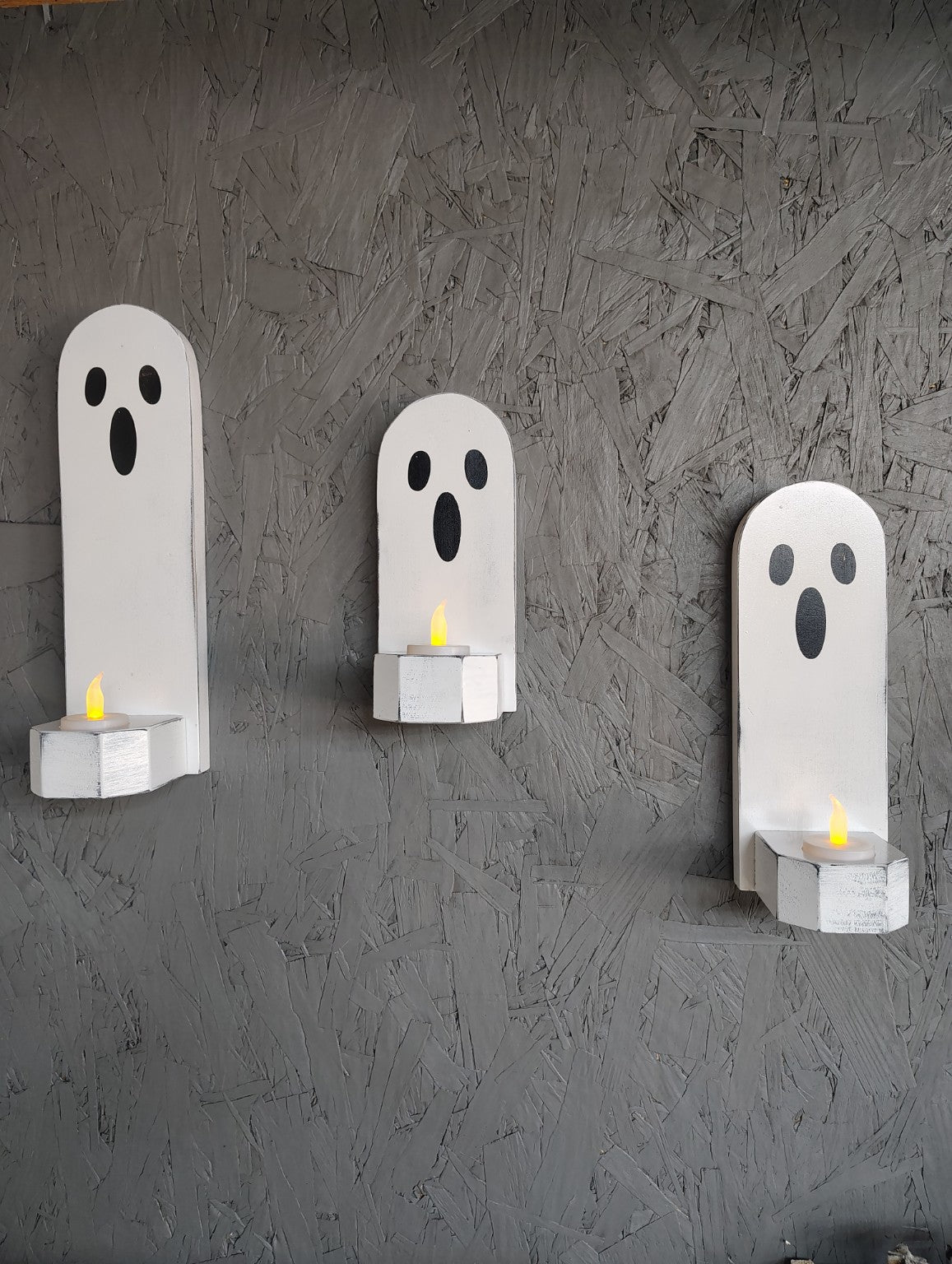 Set of 3 handmade wooden ghost candle holders for Halloween