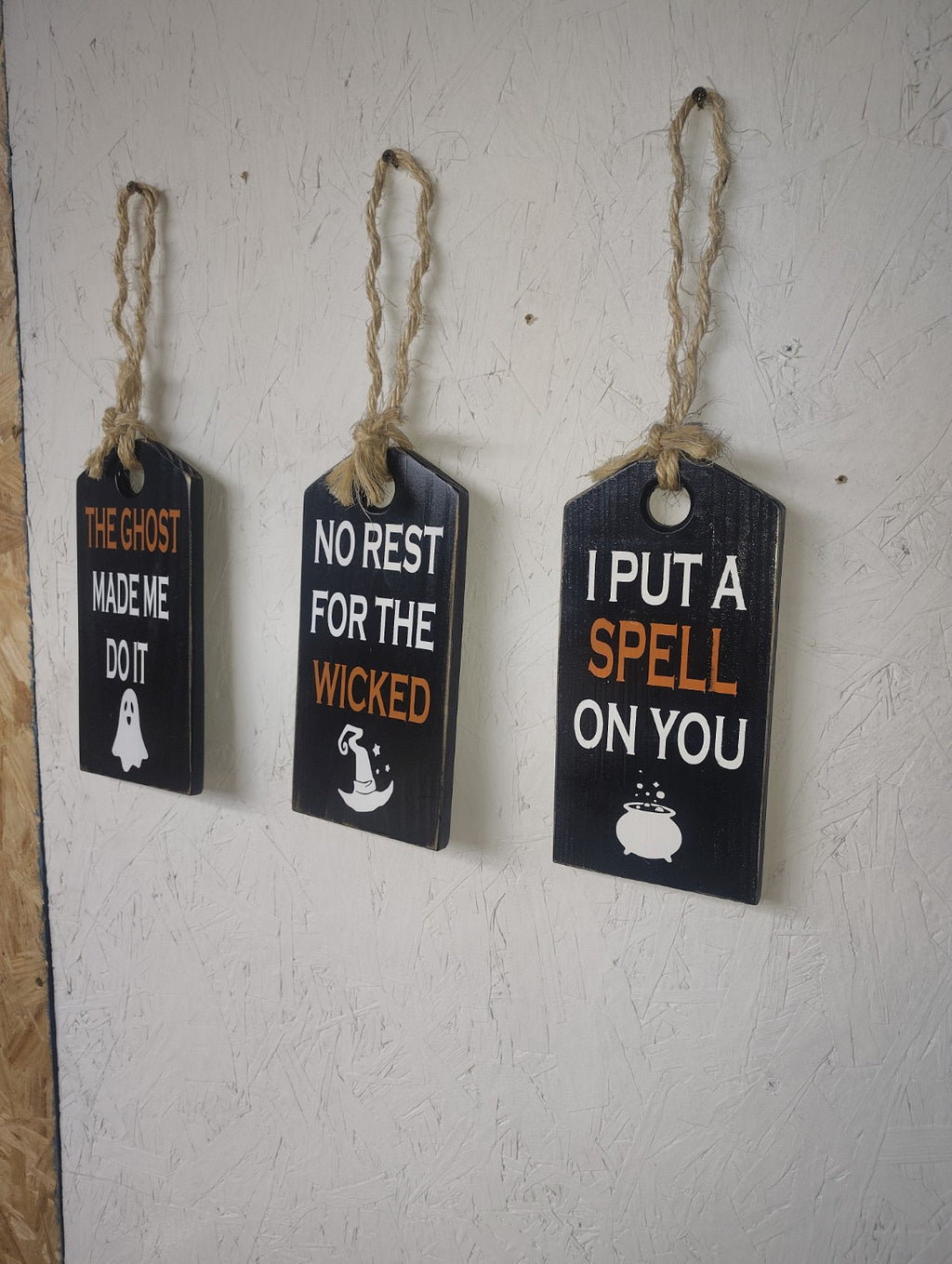 Set of 3 rustic handmade wooden Halloween hanging signs