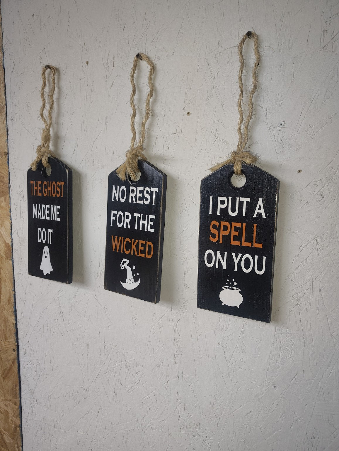 Set of 3 rustic handmade wooden Halloween hanging signs