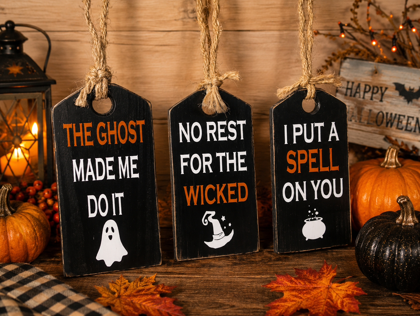 Three black hanging wooden signs with rustic twine loops, decorated with Halloween-themed quotes in orange and white: 'THE GHOST MADE ME DO IT,' 'NO REST FOR THE WICKED,' and 'I PUT A SPELL ON YOU.' The signs are displayed on a wooden surface with pumpkins, autumn leaves, a lantern, and a 'Happy Halloween' sign in the background.