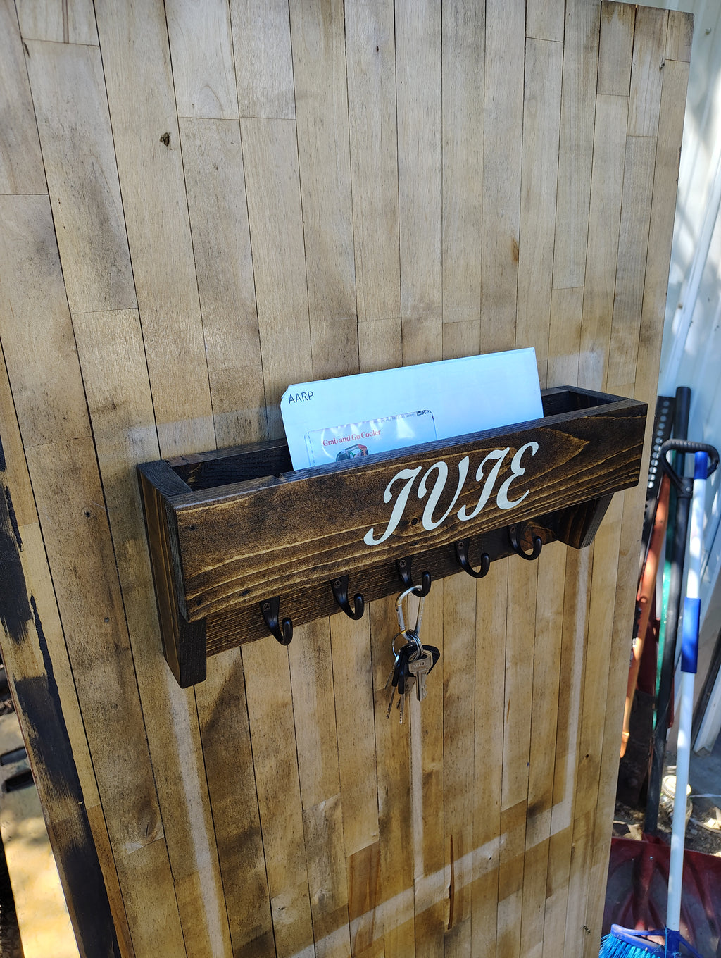 Personalized Mail & Key Holder with Shelf – Wall Mounted Entryway Organizer, Last Name Sign, Wood, Multiple Hooks, Dark Walnut
