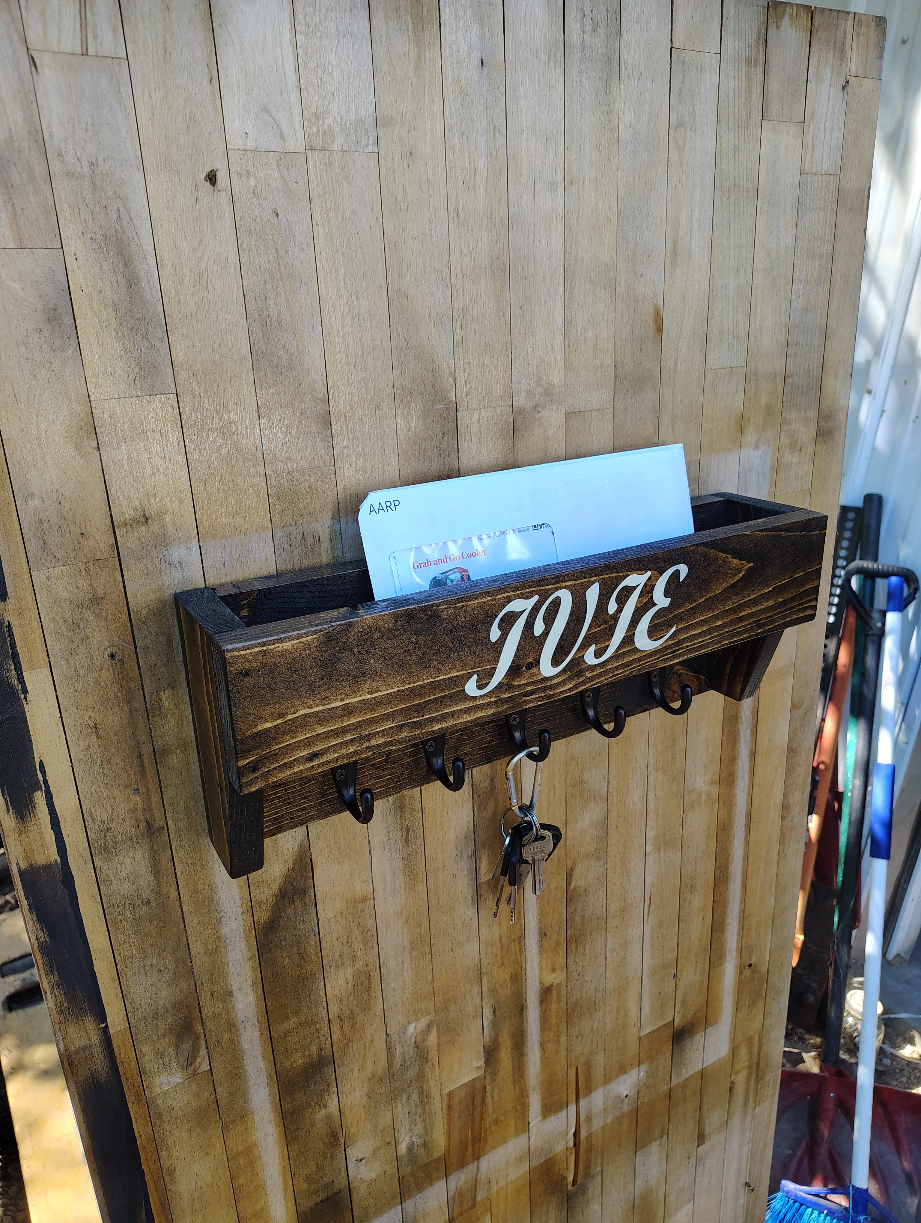 Personalized Mail & Key Holder with Shelf – Wall Mounted Entryway Organizer, Last Name Sign, Wood, Multiple Hooks, Dark Walnut