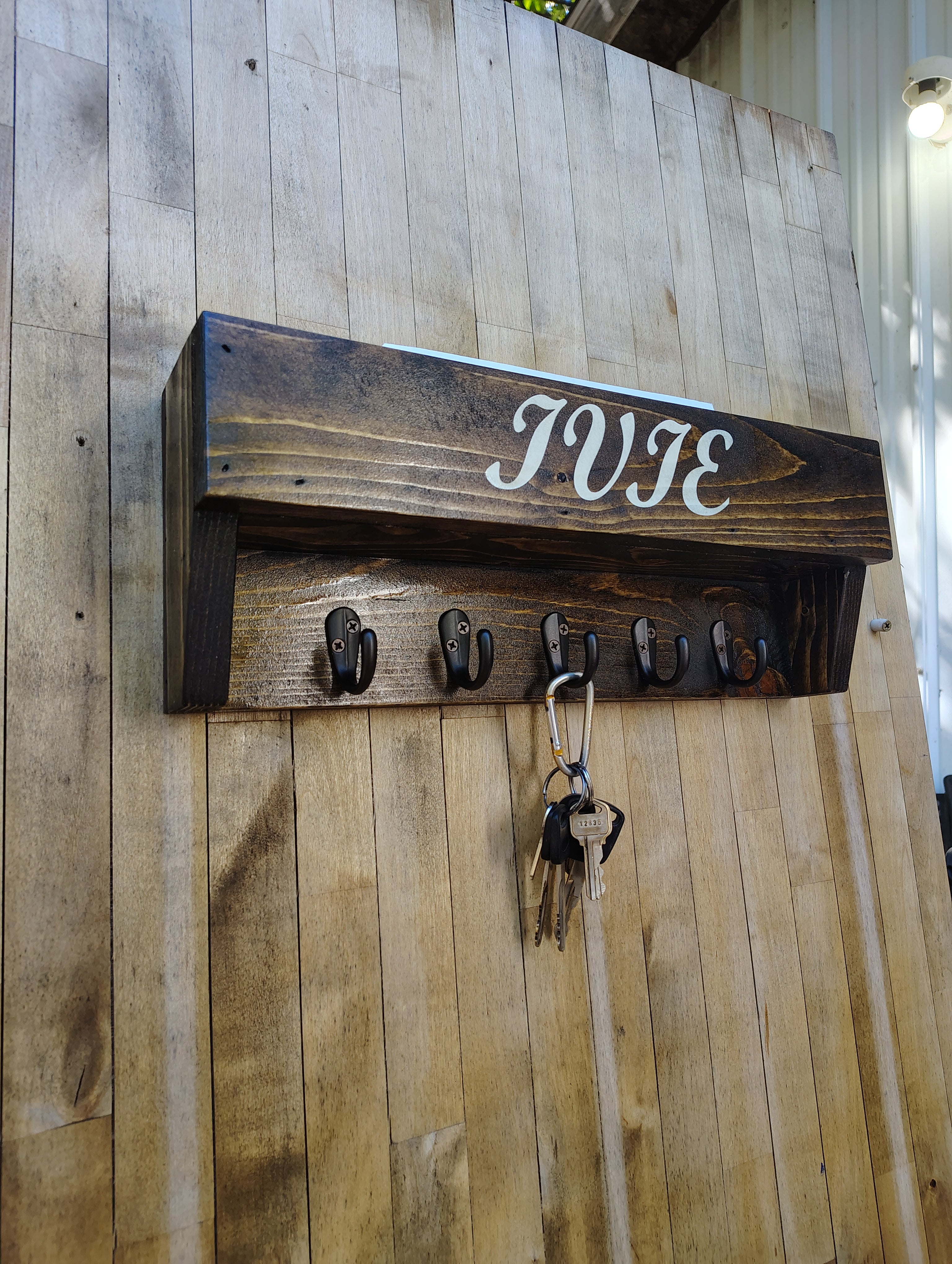 Personalized Mail & Key Holder with Shelf – Wall Mounted Entryway Organizer, Last Name Sign, Wood, Multiple Hooks, Dark Walnut