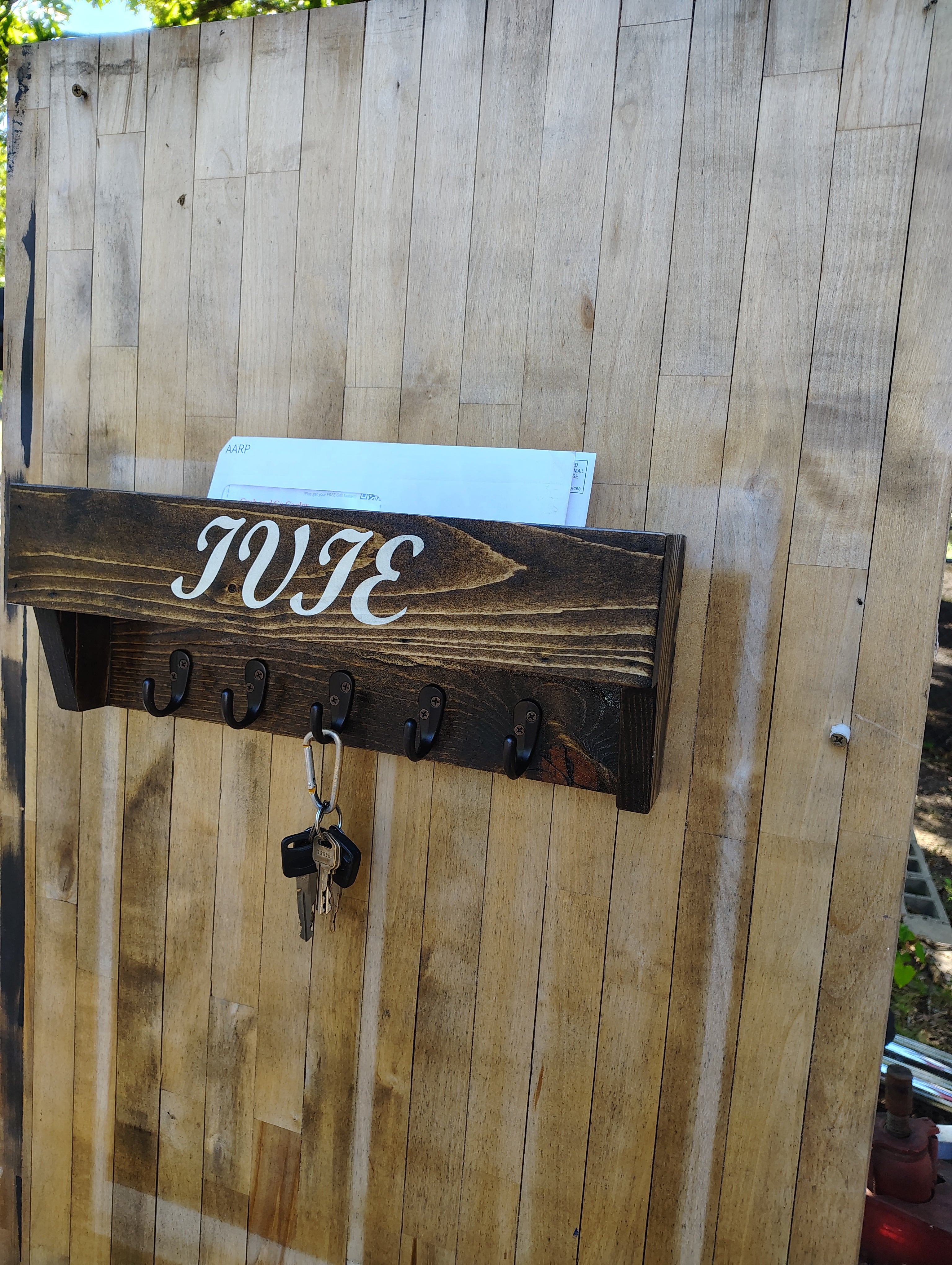 Personalized Mail & Key Holder with Shelf – Wall Mounted Entryway Organizer, Last Name Sign, Wood, Multiple Hooks, Dark Walnut