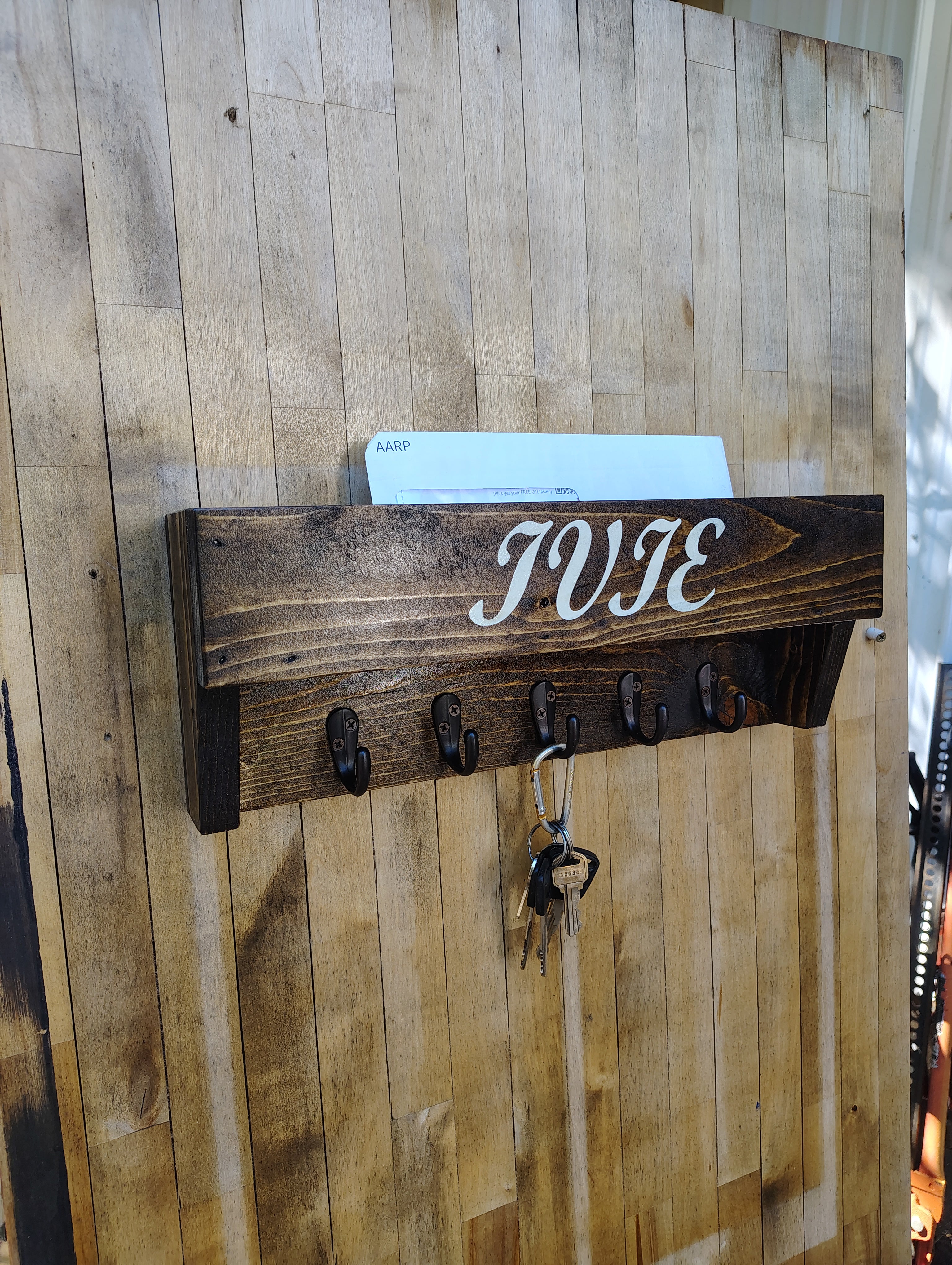 Personalized Mail & Key Holder with Shelf – Wall Mounted Entryway Organizer, Last Name Sign, Wood, Multiple Hooks, Dark Walnut